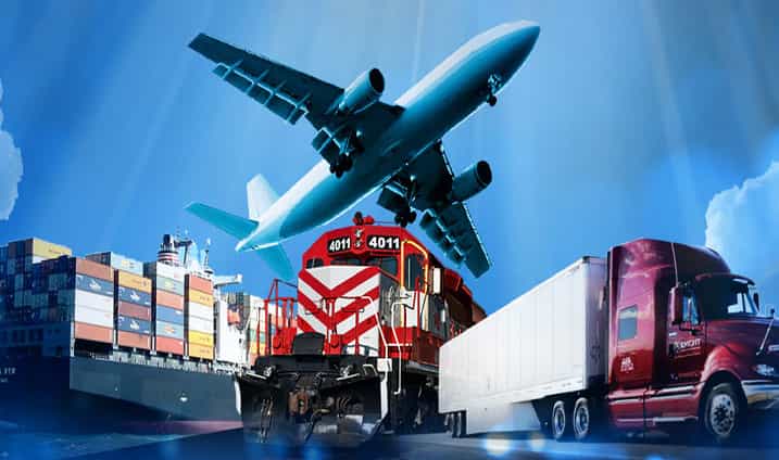 Cargo plane, freight train and semi truck representing multimodal transport