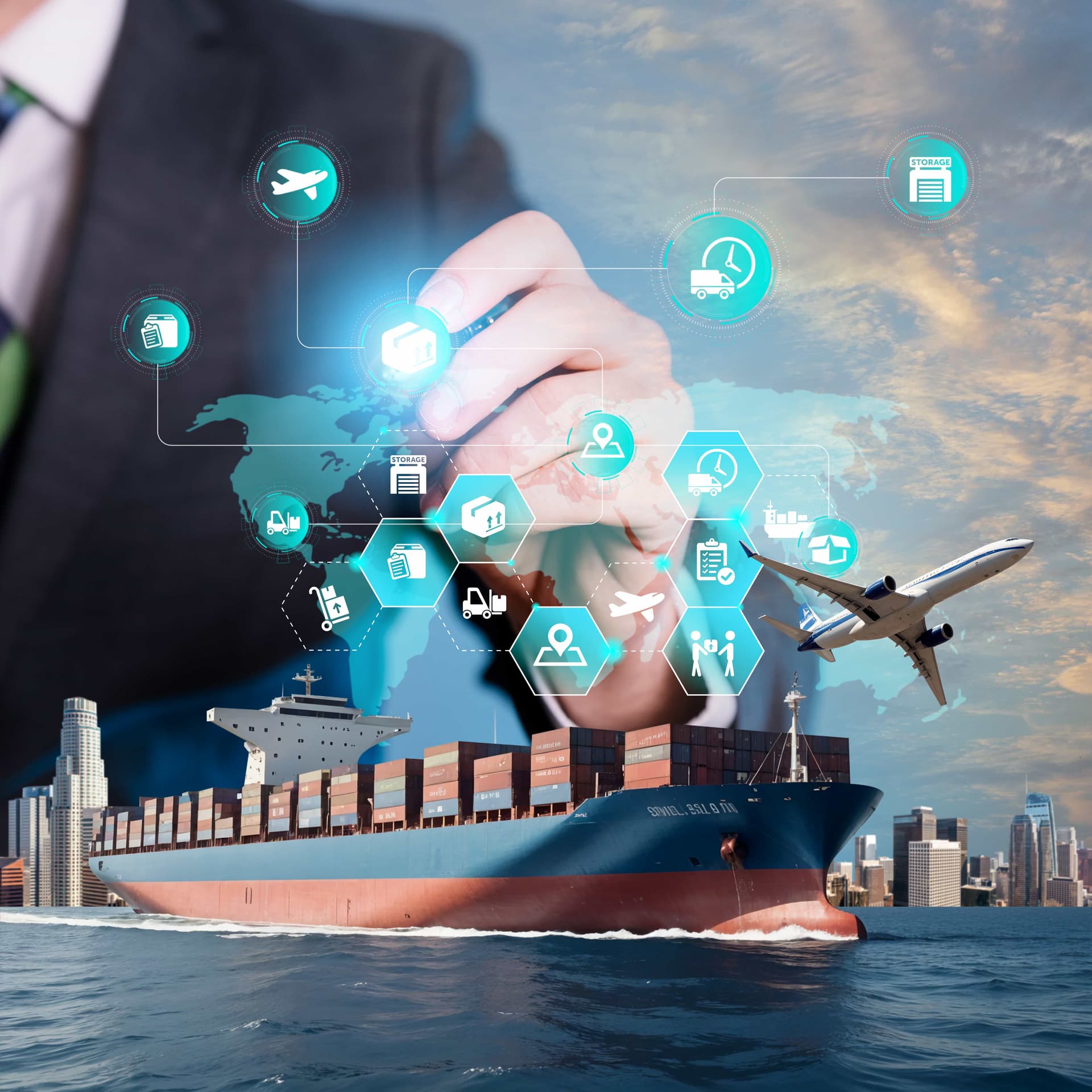 Container ship at sea with a logistics network overlay