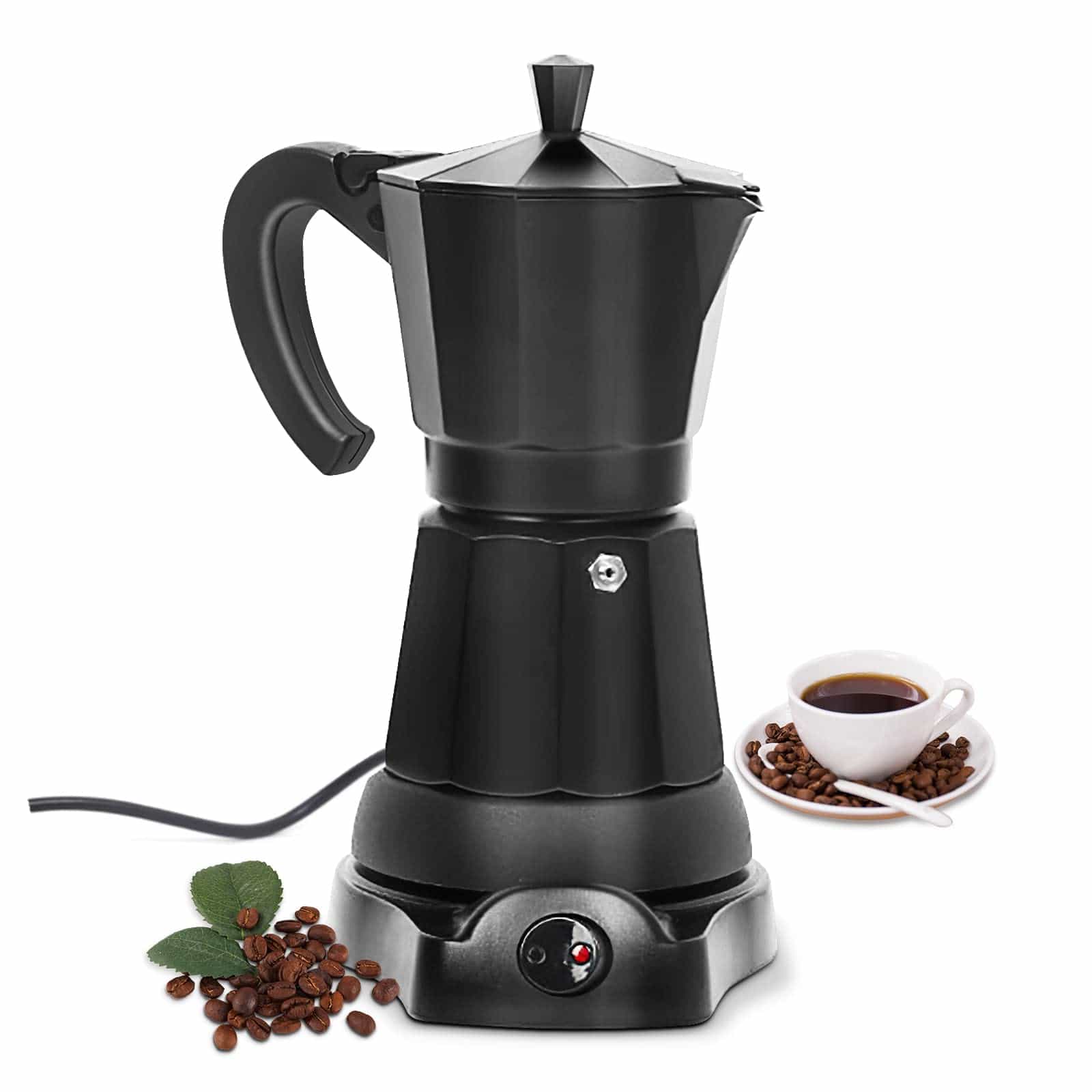 Cafetera eléctrica tipo moka de color negro junto a una taza de café