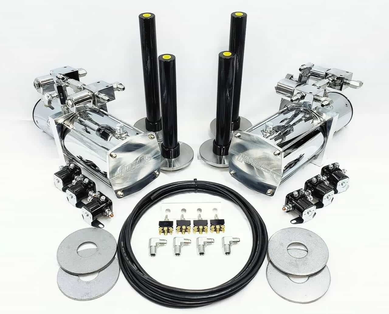 Kit hidráulico cromado con bombas, cilindros, solenoides y manguera